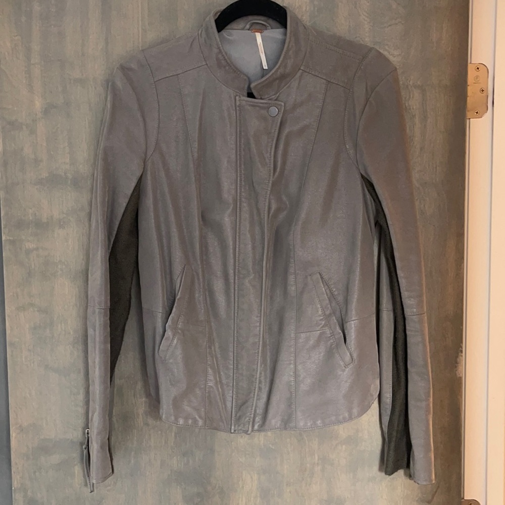 Free People Grey Moto Style Vegan Suede Jacket